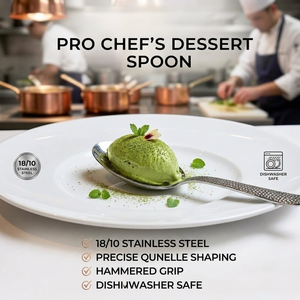 CREATIVECHEF Kunz Plating Spoon 9 Inch, 18/10 Stainless Steel Titanium Coating, Professional Basting & Saucing Spoon for Chef, Food Grade, Silver