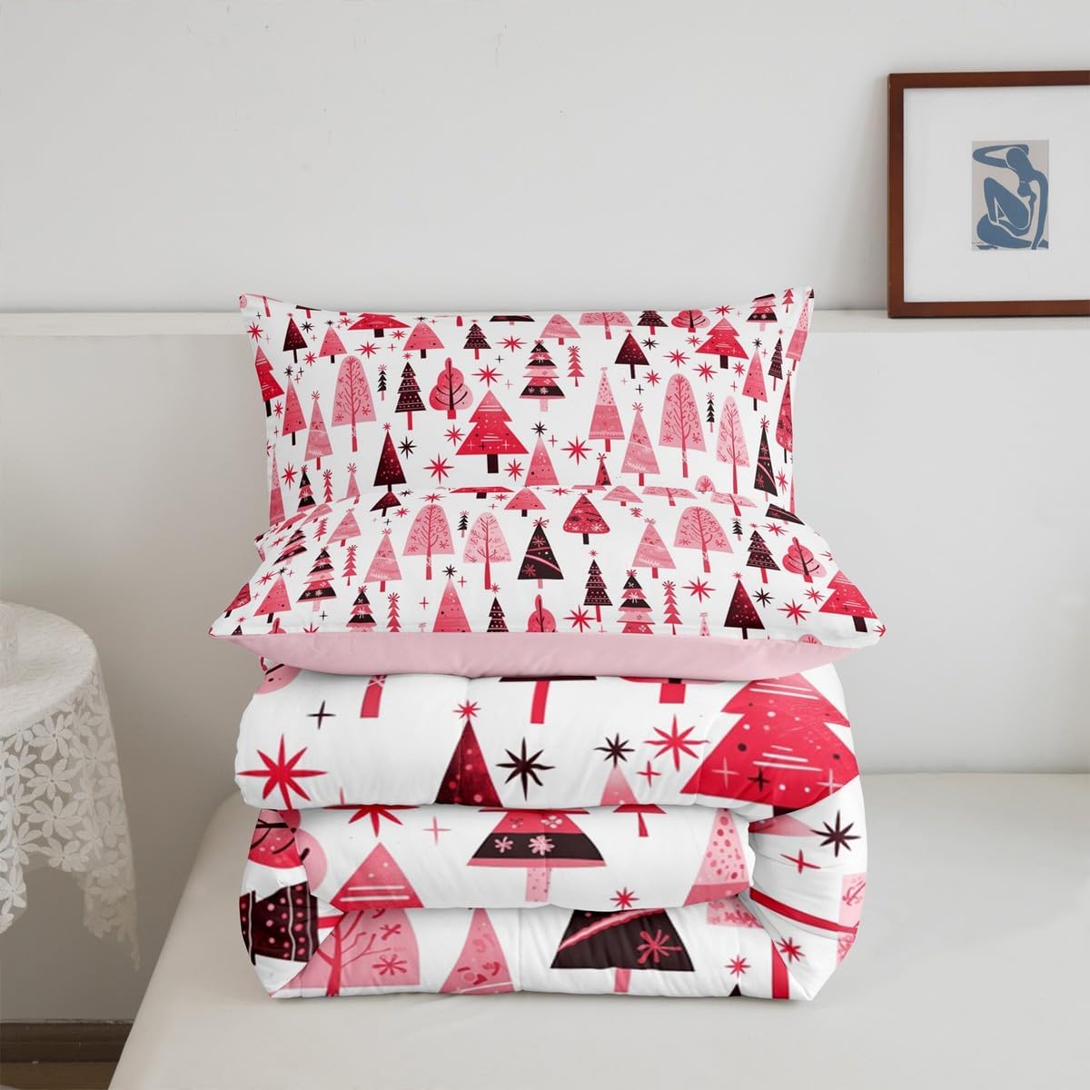 Manfei Pink Xmas Trees Comforter Set Queen Size, Christmas Theme Bedding Set 3pcs for Kids Boys Girls Adults Room Decor, Happy New Year Down Comforter Soft Polyester Quilt Set with 2 Pillowcases