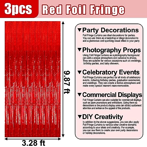 Image of 3 Pack Red Foil Fringe Curtain Backdrop, 3.28Ft x 9.8Ft Metallic Tinsel Foil Fringe Streamer Curtains for Photo Booth, Christmas Day, Thanksgiving, Wedding, New Year Party Decorations