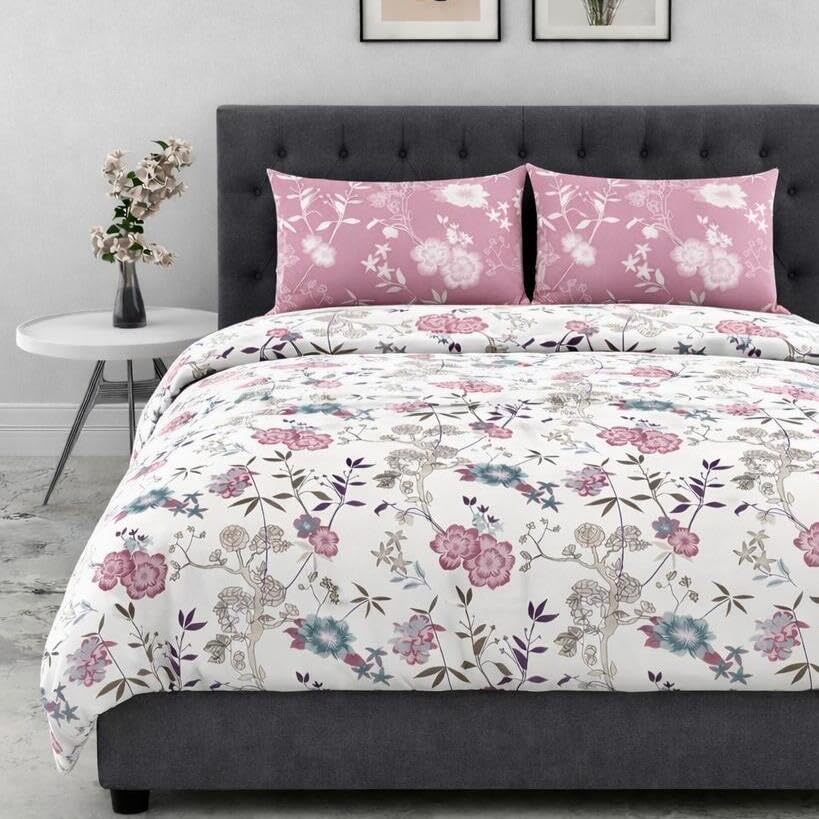 Image of DECOR2ADMIRE Premium Cotton Bedsheet Double King Size 90x100 Inches, 300 TC Soft Breathable Printed Bed Sheet with 2 Pillow Covers (White Pink Contrast, Double 90 inch x 100 inch)