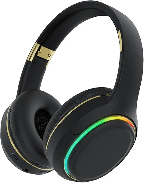 OOYY Wireless Bluetooth Headphones with RGB LED Lighting, Foldable Over-Ear Headphones with Hidden Mic for Cell Phone (Black)