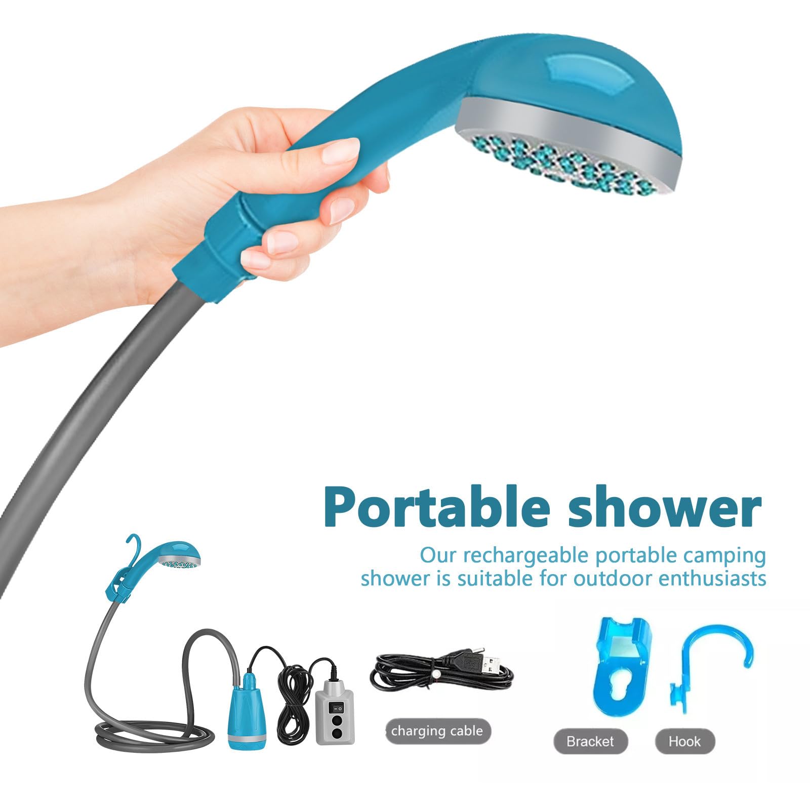 Toddmomy Tragbare Campingdusche mit Wiederaufladbarem Akku Stabilem Wasserfluss und Durchfluss für Outdoor und Camping