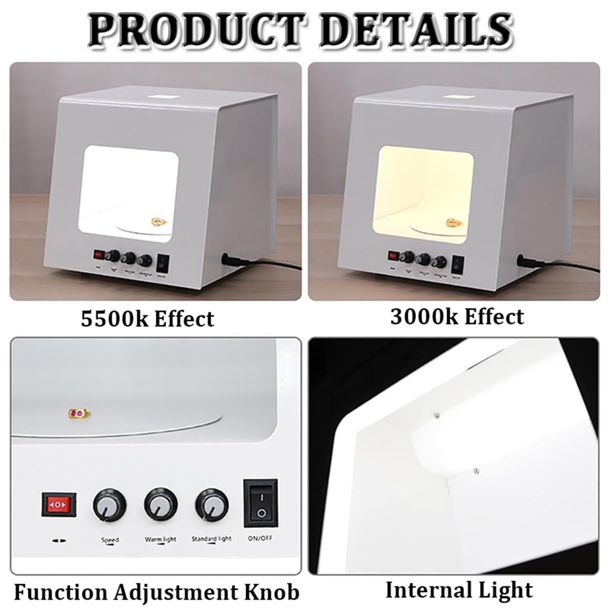 Scatola luminosa portatile per fotografia con luci LED dimmerabili e piattaforma girevole regolabile per riprese in studio