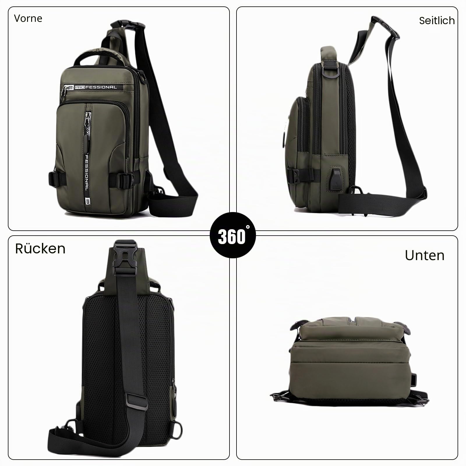 FANDARE Brusttasche für Herren Schultertasche Crossbody Bag mit USB-Ladenanschluss Sling Bag Umhängetaschen Verstellbare Schultergurte für Outdoor Radfahren Reisen Crossover Daypacks Nylon Schwarz