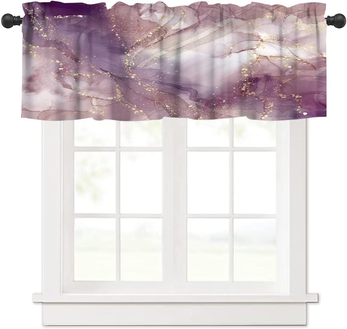 Pink Marble Window Valance Curtain, Purple Maroon Gold Veins Unique Ombre Abstract Modern Luxury Ink Texture Window Valances Treatments for Kitchen Living Room Café Décor 54'x18', 1 Panel