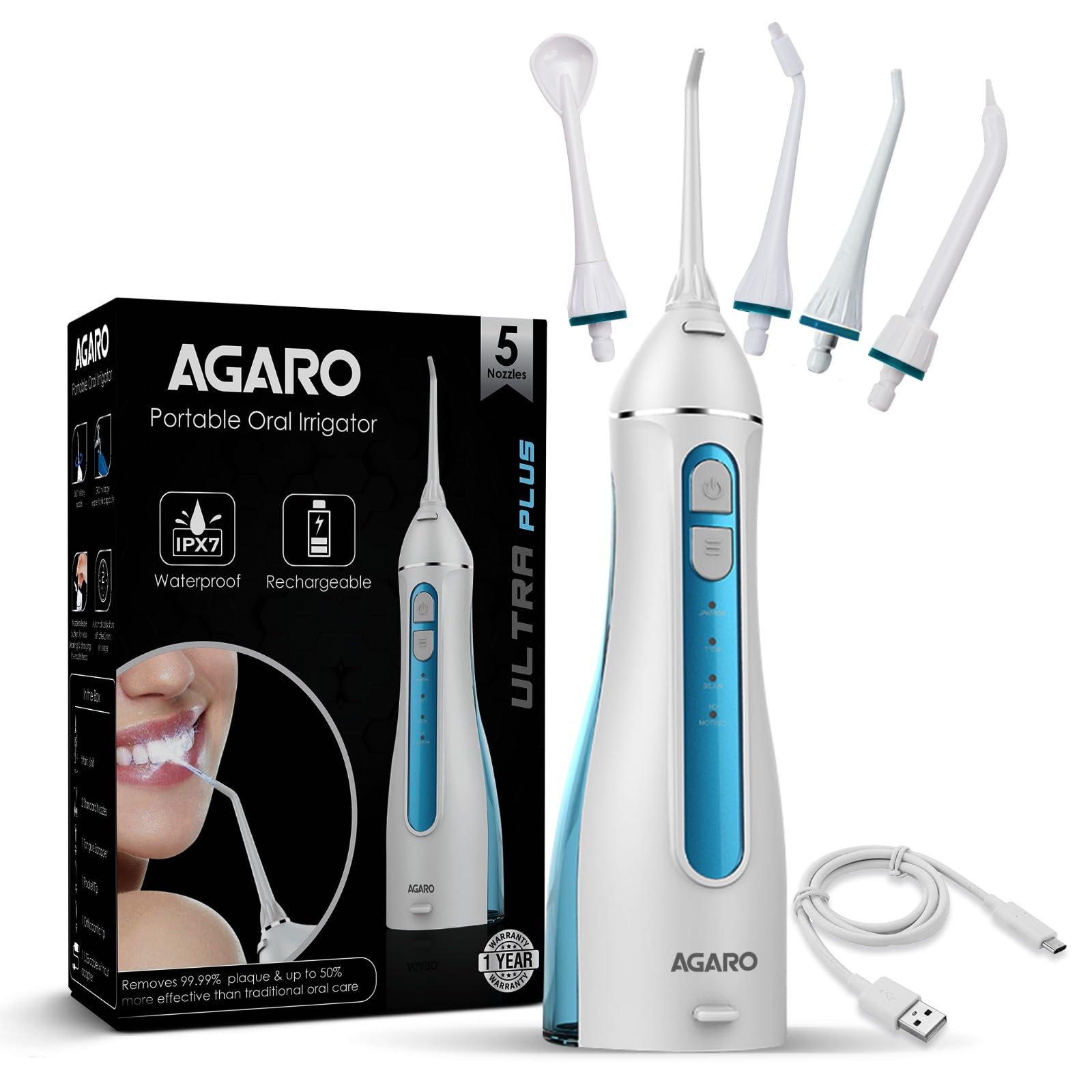 AGARO Ultra Plus Portable Dental Flosser for teeth, 5 Nozzles, Portable,Cordless & Rechargeable,4 Cleaning Modes,IPX7 Waterproof with 200ml Watertank, Flossing at Home & Travel,Oral Flosser,Oral Irrigator
