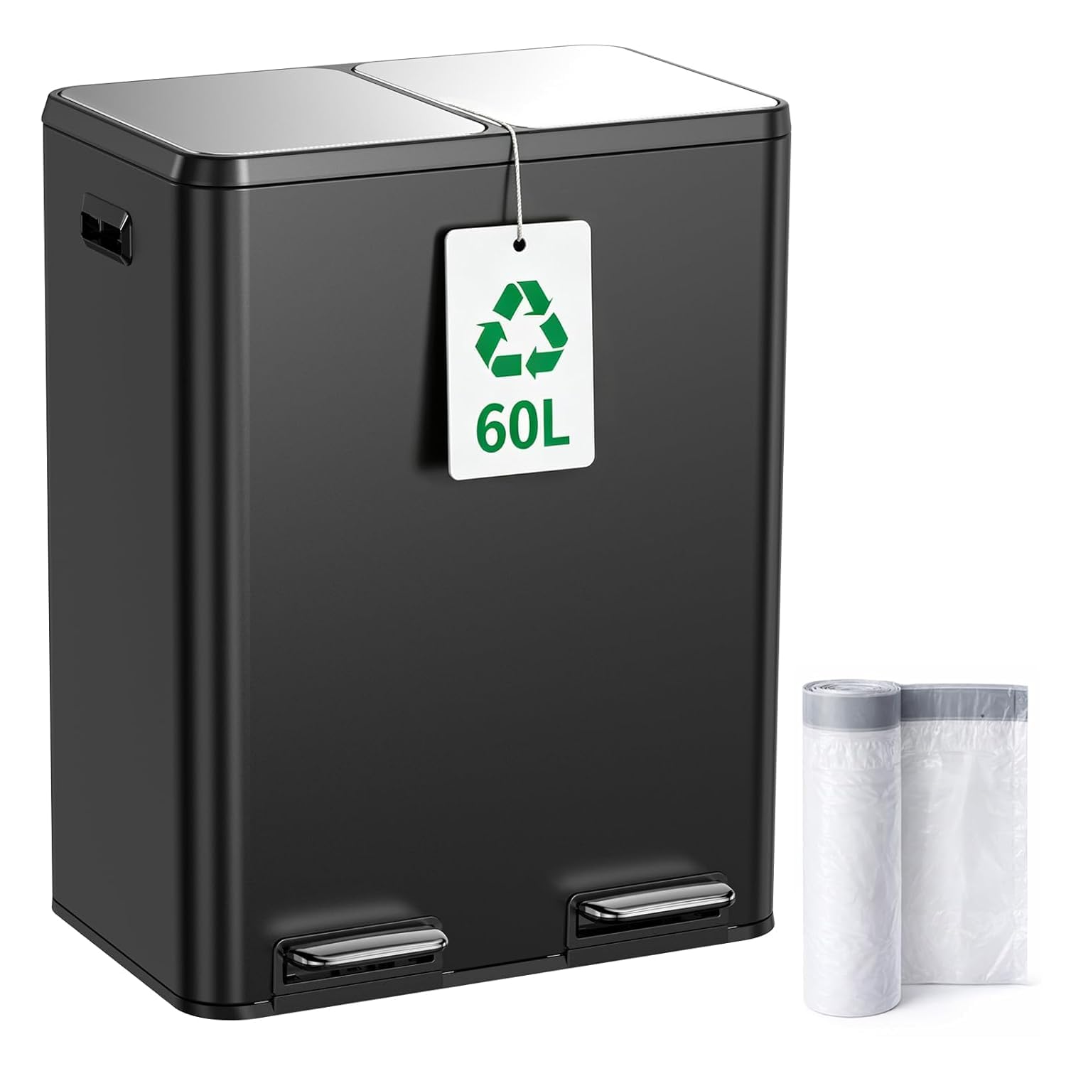 Kitchen Bin,60L Dual Rubbish Bin,2 x 30L Stainless Steel Pedal Bin,Double Bin Recycling with Soft-Close Lids and Plastic Inner Buckets,Fingerprint Proof,Odour Seal,Large Capacity, Matte Black — image 1