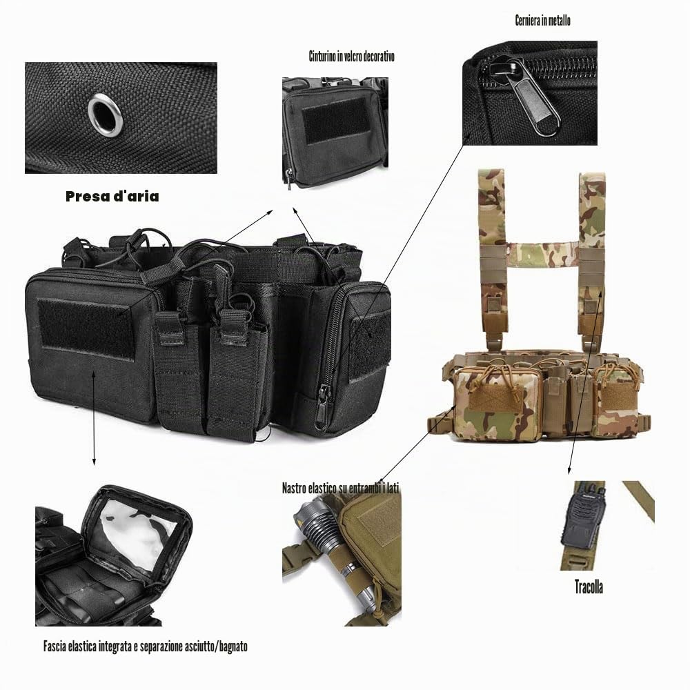Gilet Rigg, Tattico Assault Chest Rig Molle Gilet Tattico con Tasche Multiple