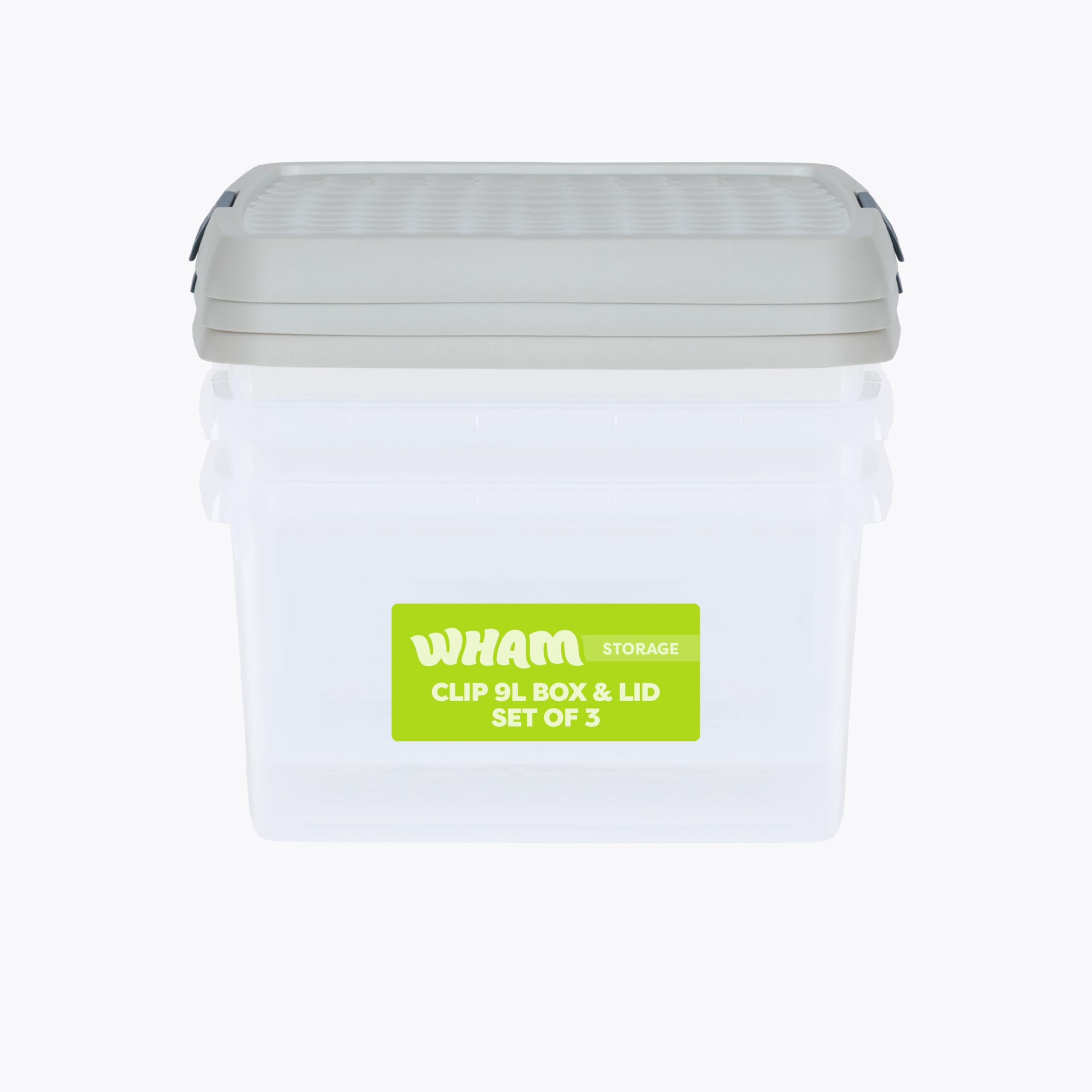 Wham Clip 9L Storage Box - Clear Stone & Slate Grey Square Container with Lid - 3 Pack