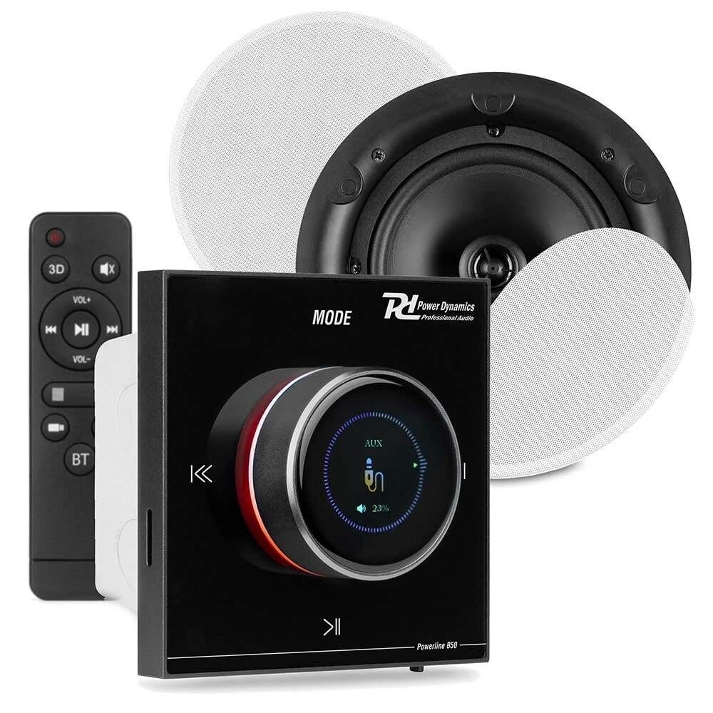 Power Dynamics Powerline B50BSet Amplificateur Mural Stéréo 2x25W Noir avec 2 Enceintes de Plafond 6,5" Blanches, Installation Discrète, Idéale Maison et Pro