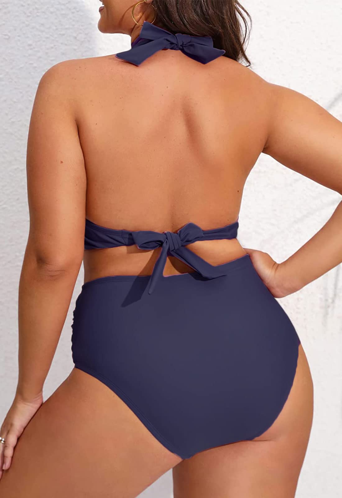 CheChury Damski zestaw bikini w dużych rozmiarach, wiązane na szyi, moda kąpielowa, dekolt w kształcie litery V, wyszczuplające brzuch, dwuczęściowy strój kąpielowy ze sznurowaniem na plecach