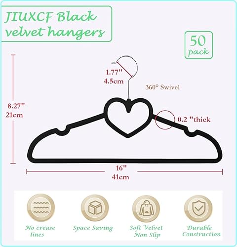 Miniatura 6 de JIUXCF Perchas de terciopelo negro, paquete de 50 perchas antideslizantes de 16 pulgadas para adultos, colgador de ropa delgado con gancho giratorio