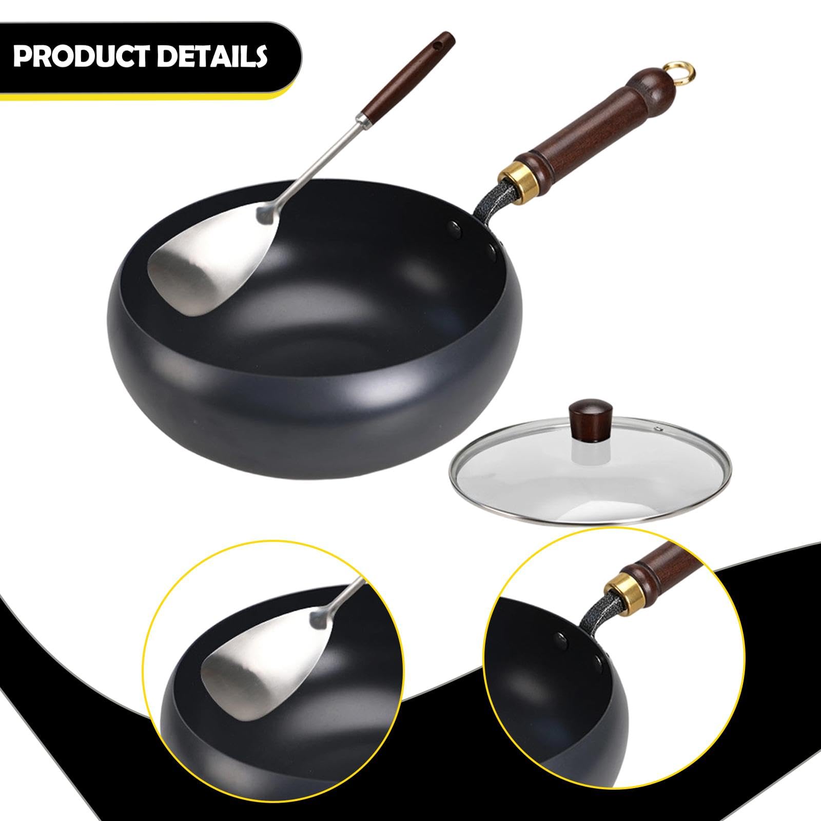 Wok Antiaderente per Cucinare, Manico Ergonomico, Adatto per Cucinare Cottura, con Coperchio, Padella Ideale per.., Copertura in vetro da 28 cm
