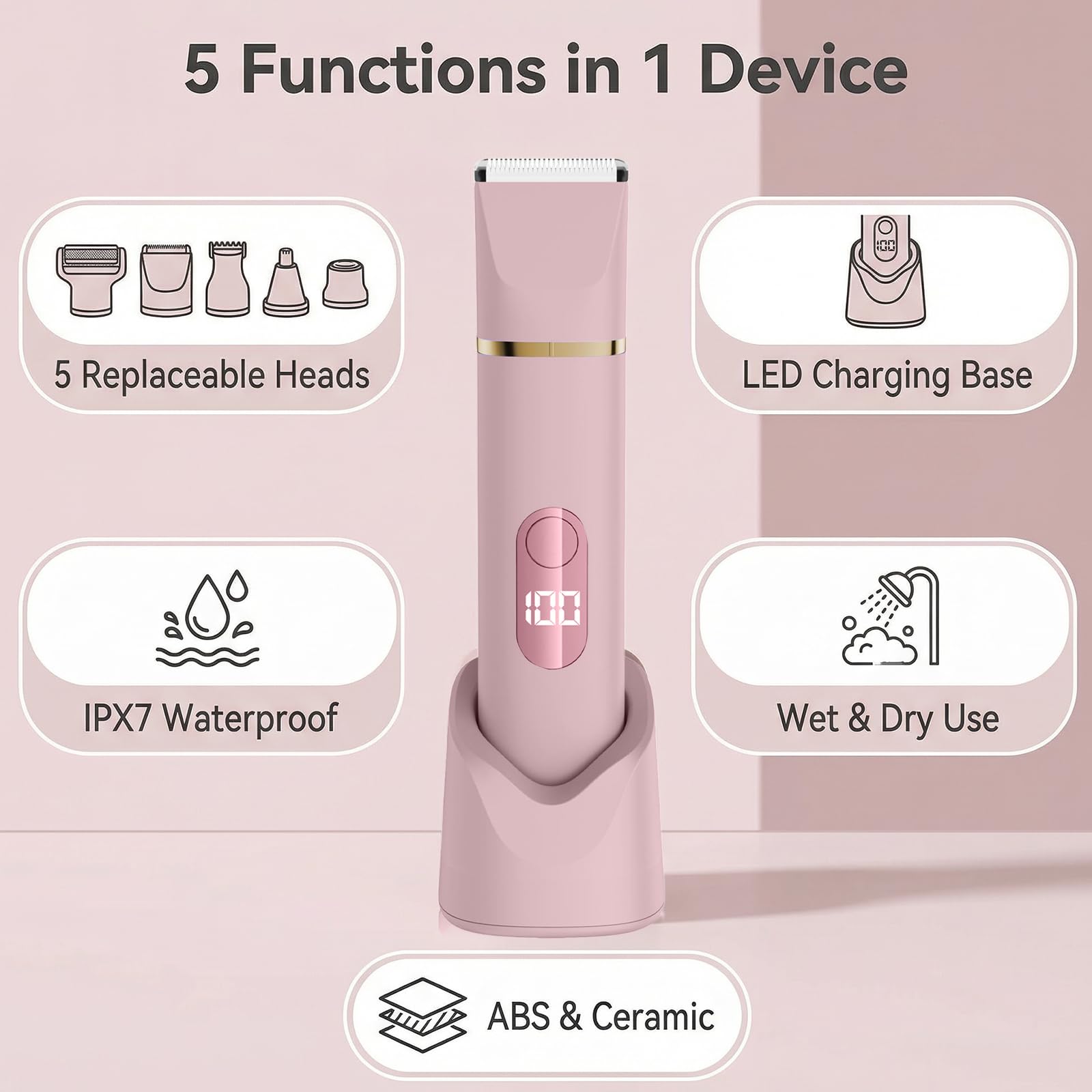 Épilateur Bikini 5-en-1 pour Femmes, Rasoir Électrique Corporel sans Fil Étanche IPX7, 5 Têtes Interchangeables pour Épilation Visage, Jambes et Zone Intime, Lame Céramique, Recharge USB (Rosa)