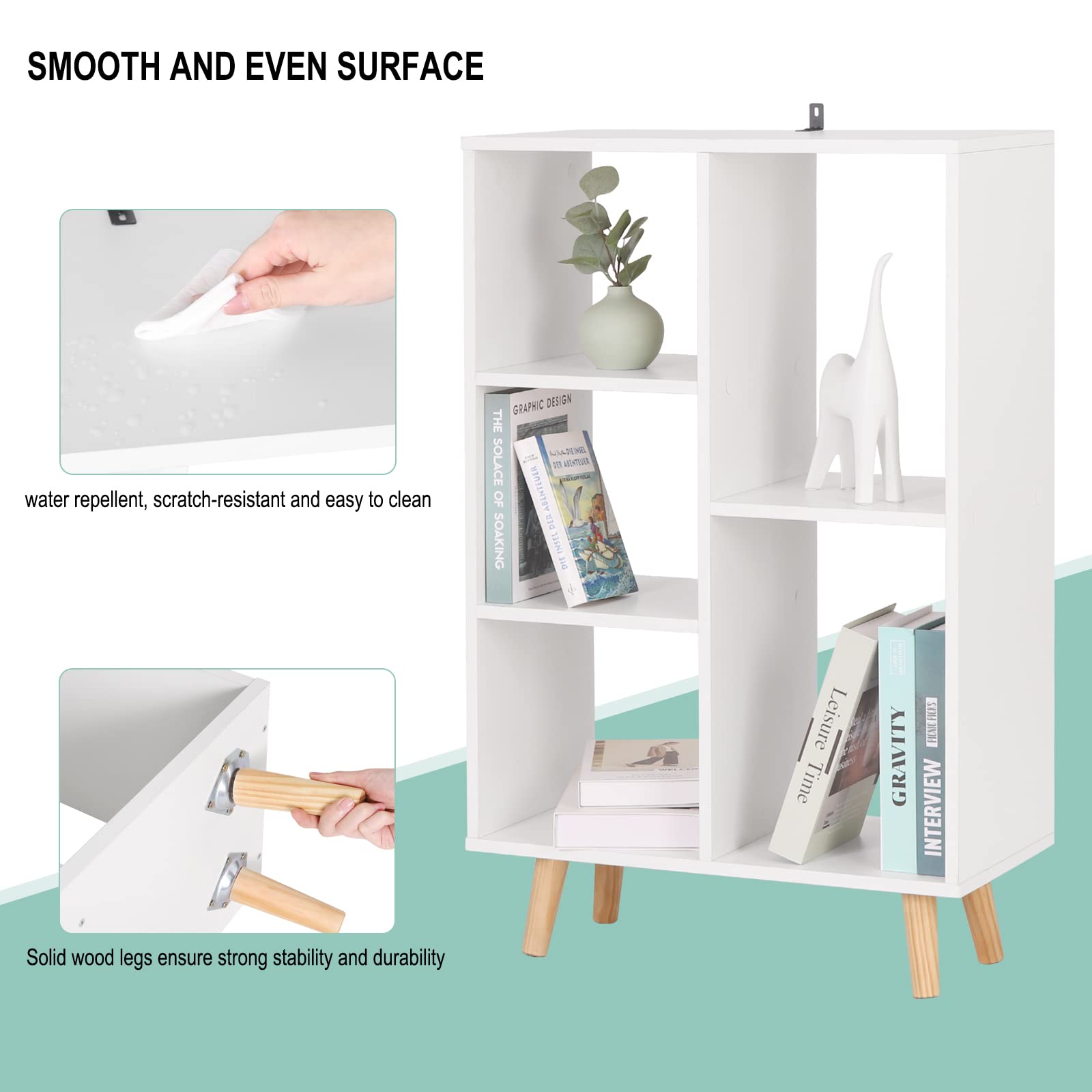 WOLTU Estanteria para Libros de 5 Compartimentos Abiertos, Libreria para Oficina de Casa con Patas de Madera, Mueble Blanco de Almacenamiento para Libros, 60x30x95cm, SK011ws