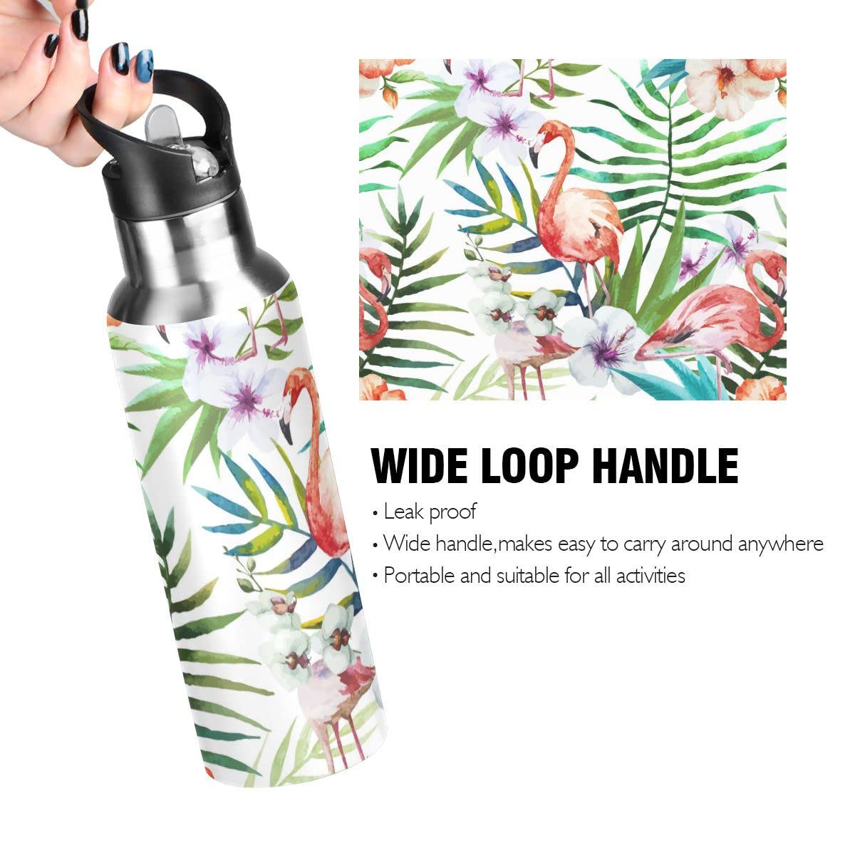 Edelstahl Wasserflasche mit Strohhalm, Regenwaldblatt Blume Flamingos Isolierte Trinkflasche Sport Wasserflasche für Kinder Erwachsene, auslaufsicher, 1L