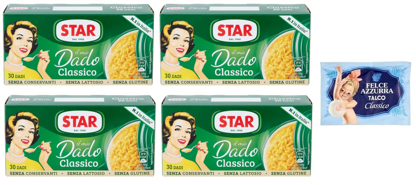 Confezione da 4 Star Il Mio Dado Classico, Preparato per brodo, scatole da 30 dadi + 1 Confezione di Talco Felce Azzurra in omaggio, Busta da 100g