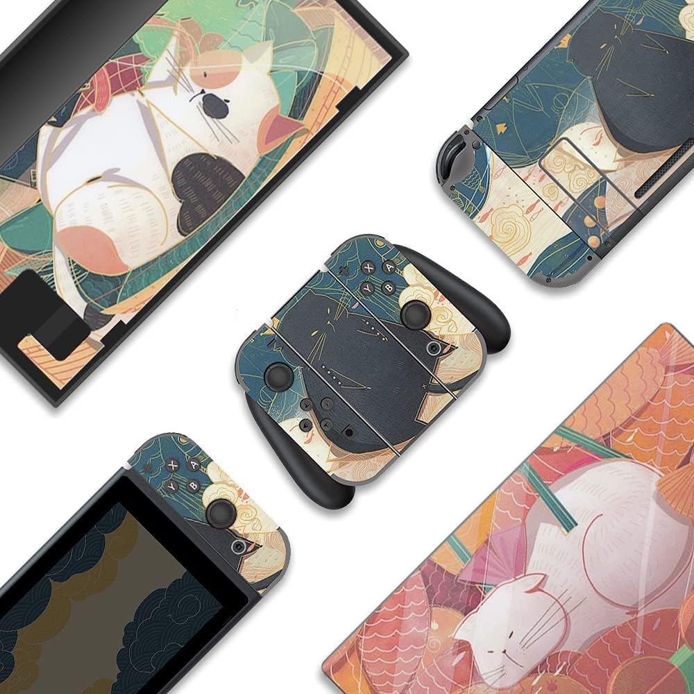 BelugaDesign Peau de commutateur de Gros Chat | Autocollant Pastel Wrap Vinyle | Cute Kawaii Animal Leaves Cartoon Ensemble Complet Compatible avec Nintendo Switch (Switch Standard, Multicolore)