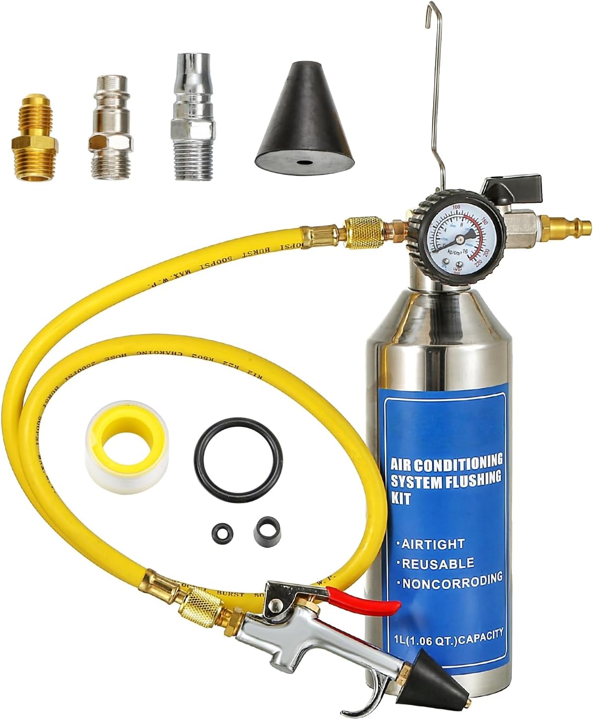 AC Flush Kit, AC Flush Tool with Thickened Stainless Steel Tank, Car & Home AC Flush Bottle Set for R134A R12 R22 R404 R410A Systems