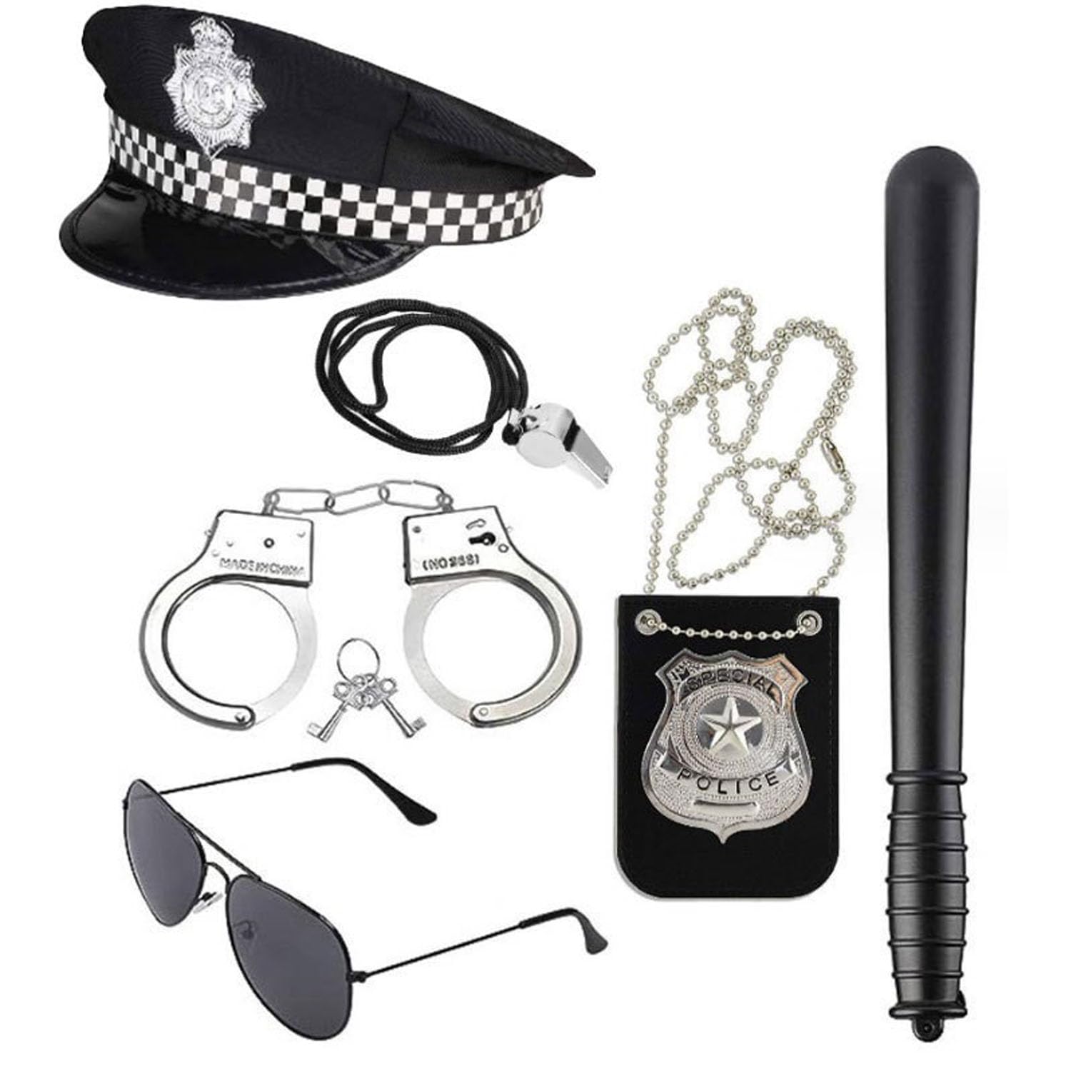 Bagtopia Police Costume Accessories for Adult Men Women Boys Kids, 6 Pcs Police Officer Hat, Cop Handcuffs, Badge, Sunglasses and Baton for Halloween, Cosplay, Fancy Dress Up Party Role Play