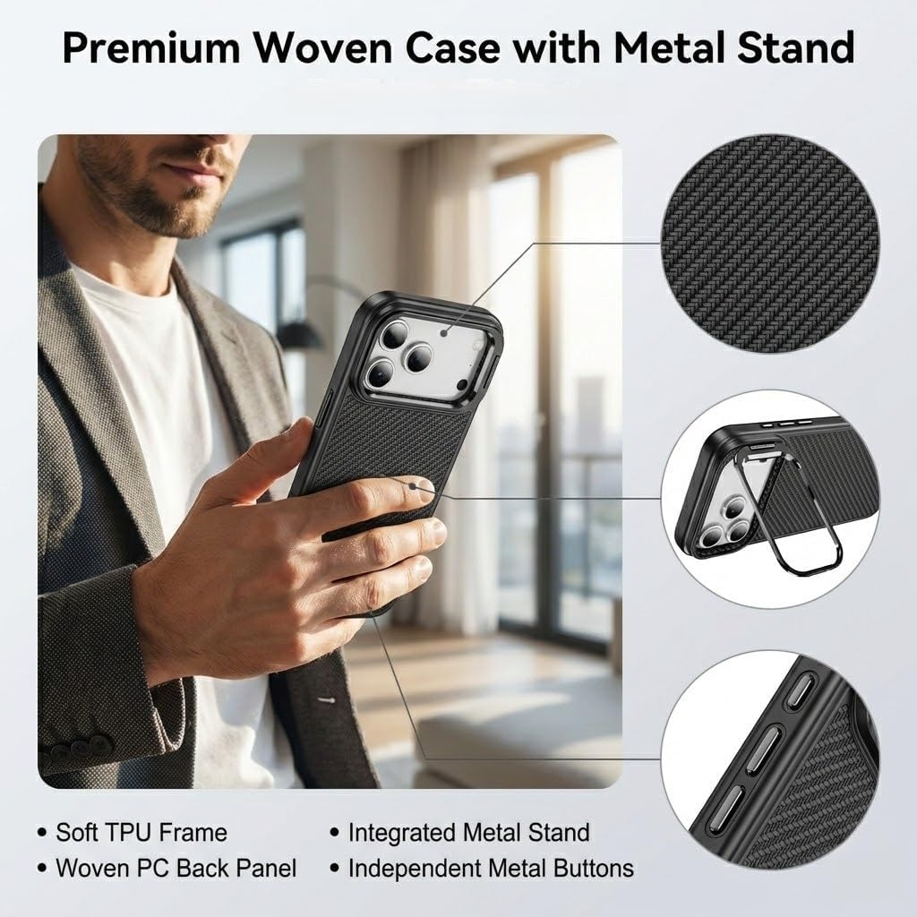 Case for iPhone 17 Pro Max / 17 Pro / 17 Air / 17, Compatible with MagSafe, Slim Carbon Fiber Texture Cover with Built-in Invisible Camera Stand, Shockproof Protective Shell(Black,17)