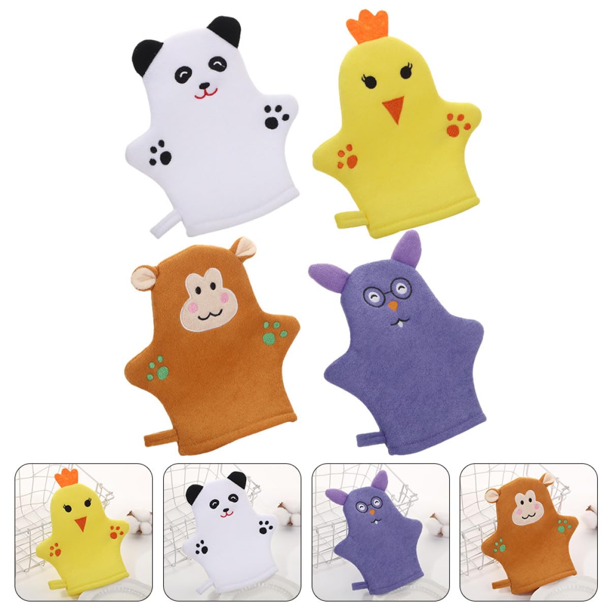 MAGICLULU Guantes de Baño Espumosos para, 4 Piezas Formas de Animales, Manoplas Exfoliantes para Ducha, Cuidado de Piel Infantil