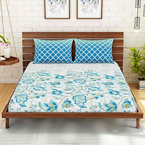 Image of Spaces Atrium 100% Cotton King Size Fitted Double Bedsheet with 2 Pillow Covers Soft Feel Skin Safe Breathable Fabric (Floral, 183 cm x 198 cm + 30 cm) - Blue