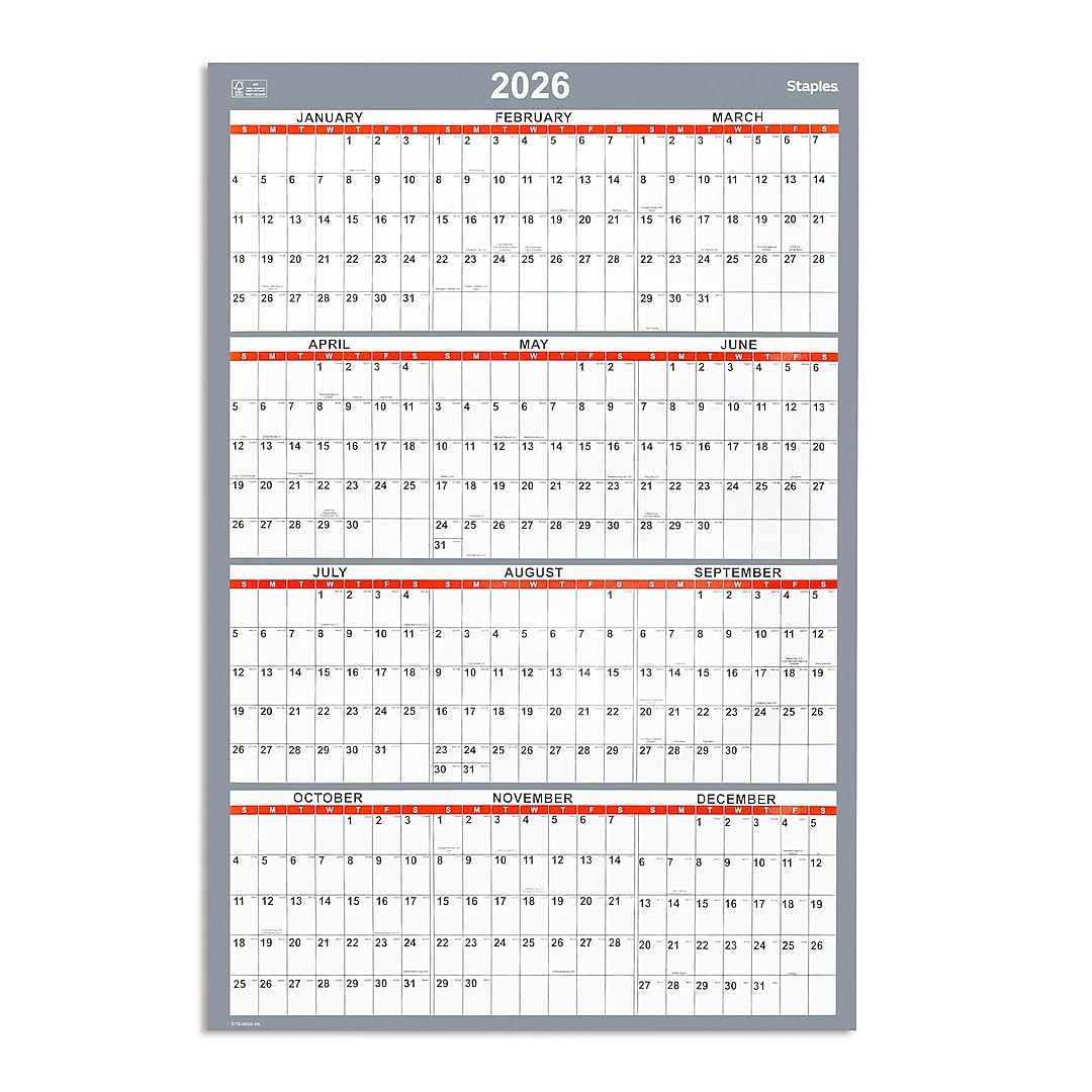 Staples 2026 Large Dry‑Erase Yearly Wall Calendar, 36" x 24", Reversible Vertical/Horizontal Layout, Erasable Surface for Planning & Scheduling, White