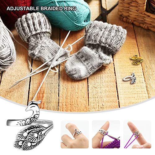 FENGWANGLI 4 Pcs Adjustable Knitting Loop Crochet Ring, Peacock Open Finger Ring for Faster Crocheting, Yarn Guide Finger Holder and Thimble Ring for Knitting