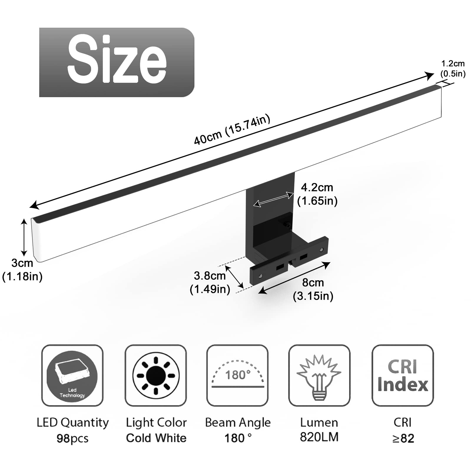 Lampe pour Miroir LED Salle de Bains 10W 820LM,40cm Applique Lampe Miroir Blanc Froid 6500K,3 en 1 230V Led Salle de Bain Lumiere IP44,Noir