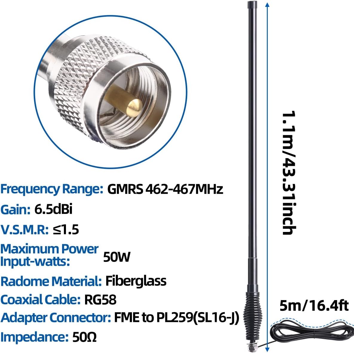 GMRS Mobile Radio Antenna 462-467MHz Fiberglass 6.5dBi High Gain Antenna with Heavy Duty Spring Base,Mount Bracket,RG58 Coaxial Cable Compatible With GMRS Repeater Ham Vehicle Car Radios