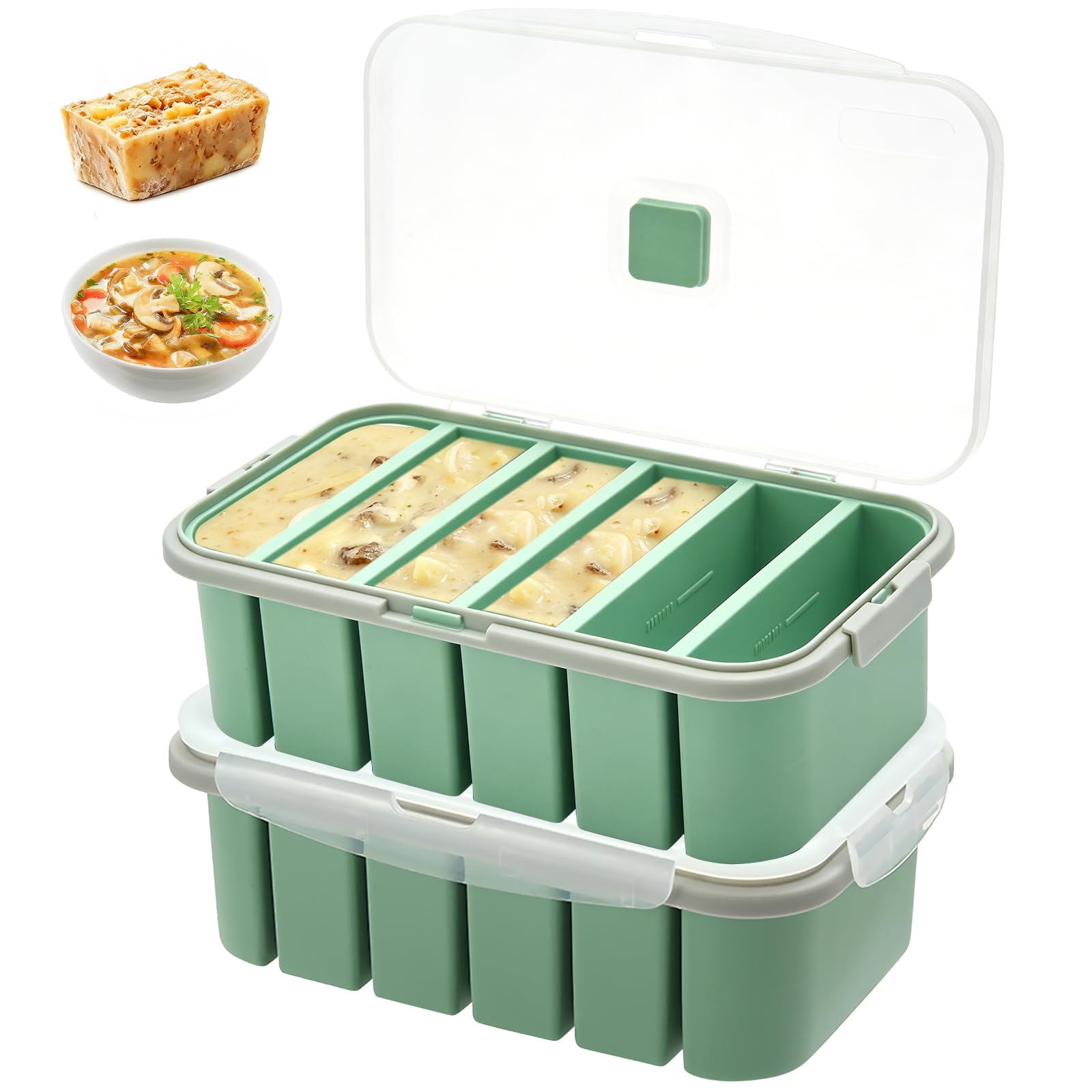 2 Stück Eiswürfelform 6-Fächer, Silikon Eiswürfelform mit Deckel, BPA-frei, Mikrowellengeeignet, Dicht & Auslaufsicher, Ideal für Suppe, Ice Cube, Saft & Snacks (22,5x14,5x7,8 cm)
