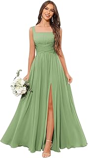 Women's Square Neck Chiffon Bridesmaid Dresses with Pockets Pleated A Line Formal Evening Dresses with Slit