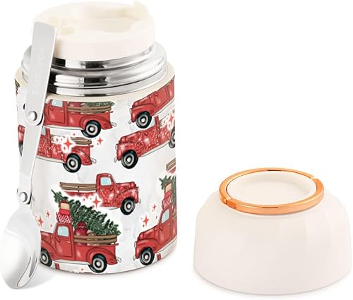 Christmas Red Truck Shining Food Jar with Spoon Stainless Steel Vacuum Insulated Food Container 17 oz Food Flask for Hot Food