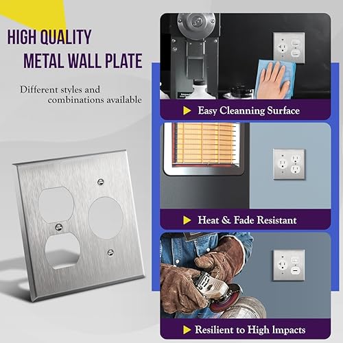 Miniatura 4 de ENERLITES Combinación de salida dúplex o receptáculo individual Placa de pared de metal con orificio de 1.406 pulgadas, resistente a la corrosión,