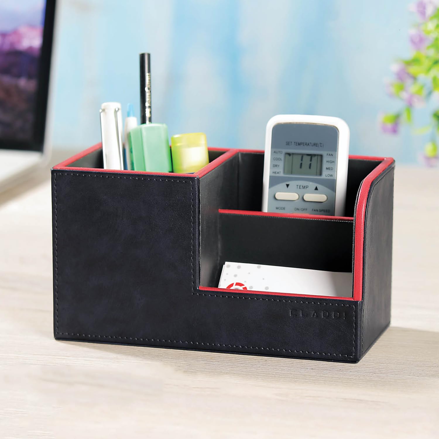 CLADD INTERNATIONAL Vegan Leather Compact Office Desk Organizer Multifunctional Storage with 3 Compartment | Stationery Supplies | Business Card | Remote | Makeup Accessories | Mobile | Blue