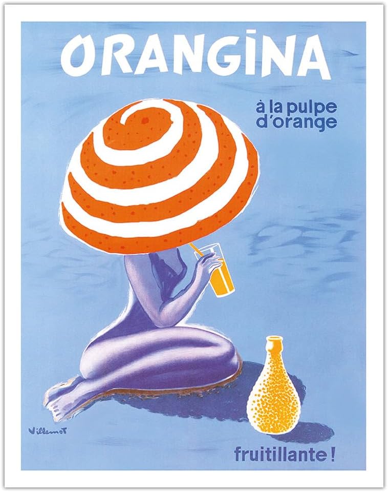 Orangina - Orange Sparkling Soda! - Vintage Advertising Poster by Bernard Villemot c.1964 - Fine Art Matte Paper Print (Unframed) 11x14in
