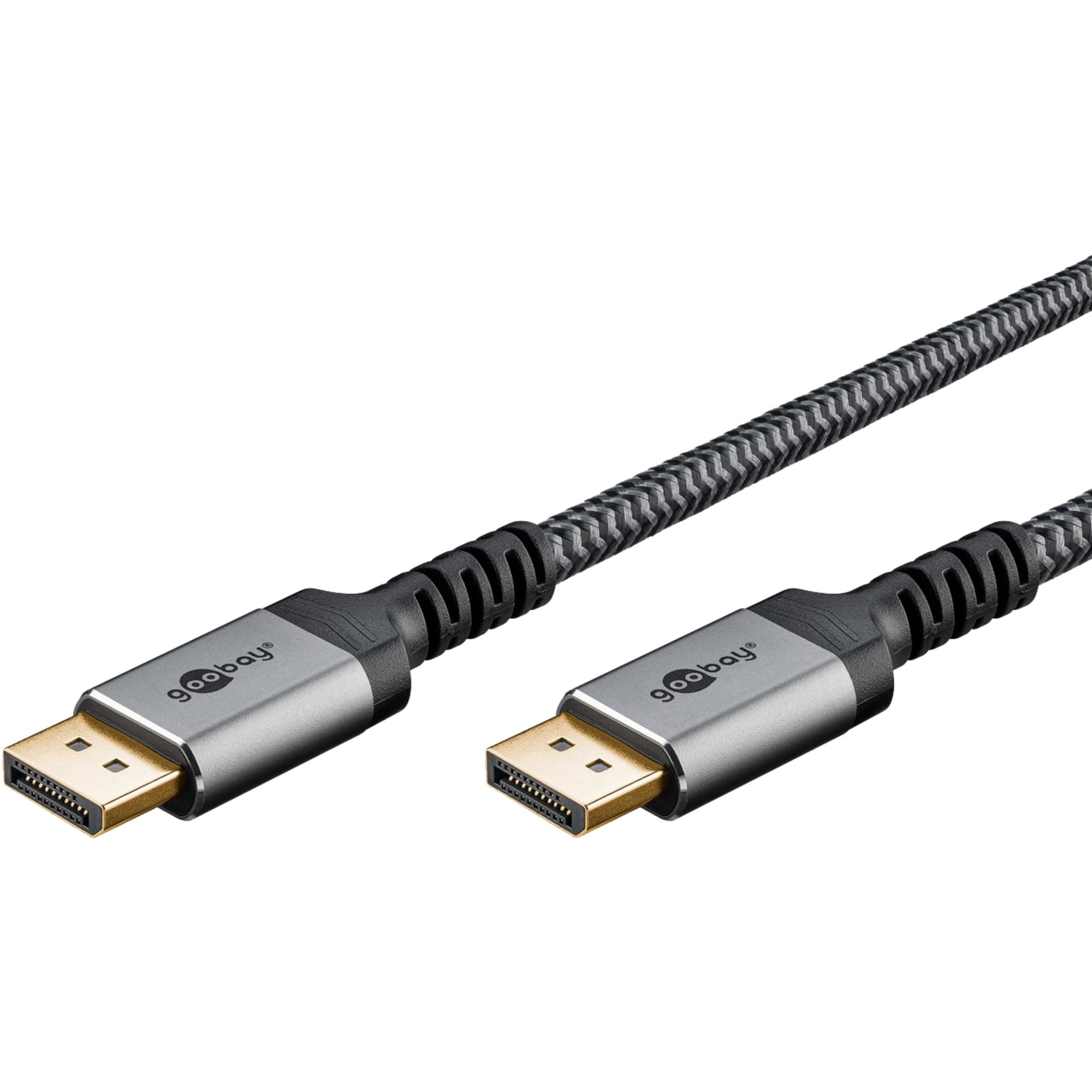 Goobay DisplayPort Kabel 2.1-80 Gbit/s, DP-Kabel 16K/60Hz, 10K HDR, 2m - Sharkskin Grey, Metall-Design, FreeSync, G-Sync, Ultrawide, Daisy-Chaining, 32 Audiokanäle, HD Audio 75685