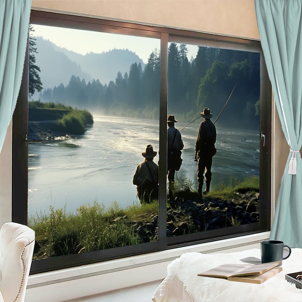 Rustic Angler Window Film Coverings Modern River Forest Vintage Fishing Window Privacy Film Self-Adhesive Glass Film Decorative Sticker Frosted Film for Home Office 17.7Wx23.6L-inch x2 Pcs
