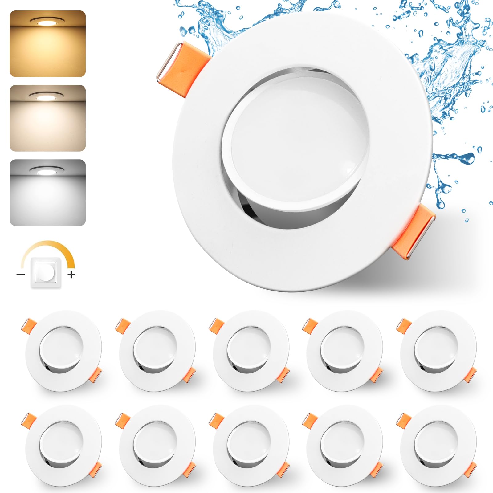GeyouLux LED Einbaustrahler 230v Dimmbar 68-80mm 4.9W IP44 Ultra Flach LED Spots Badezimmer 3000K/4000K/6000K Deckenspots für Wohnzimmer 45°Schwenkbar Einbauleuchten Einbaustrahler Weiß 10er Set