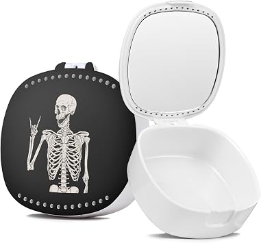 Retainer Case with Mirror & Ventilation Holes - Night Guard & Orthodontic Aligner Case, Black Skull