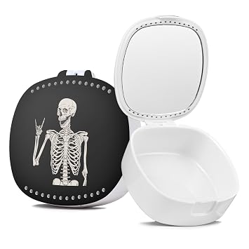 Retainer Case with Mirror & Ventilation Holes - Night Guard & Orthodontic Aligner Case, Black Skull
