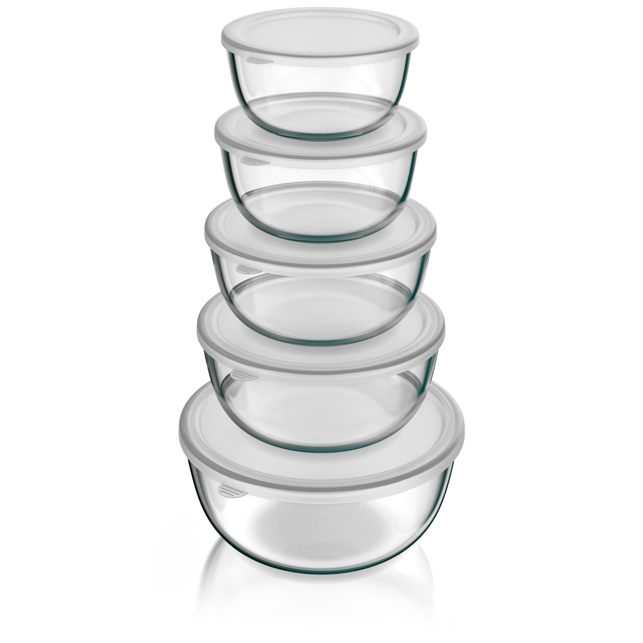 Arendo - Salatschüssel aus Glas mit Deckel - Glasschüssel 5er Set - 1000ml + 1500ml + 2000ml + 2700ml + 4400ml – Rührschüsseln klein bis groß – Borosilikatglas - Glasschale Salatglasschale