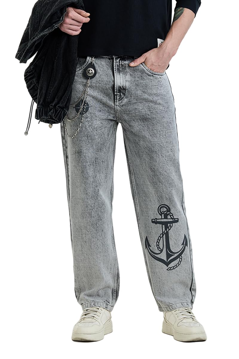 snitch Men Jeans for Street Wear | Baggy Fit Wide-Leg Anchor Printed Design | 100% Cotton Denim Fabric with Acid-Wash & Mid Rise for All Day Casual Comfort-picture-41