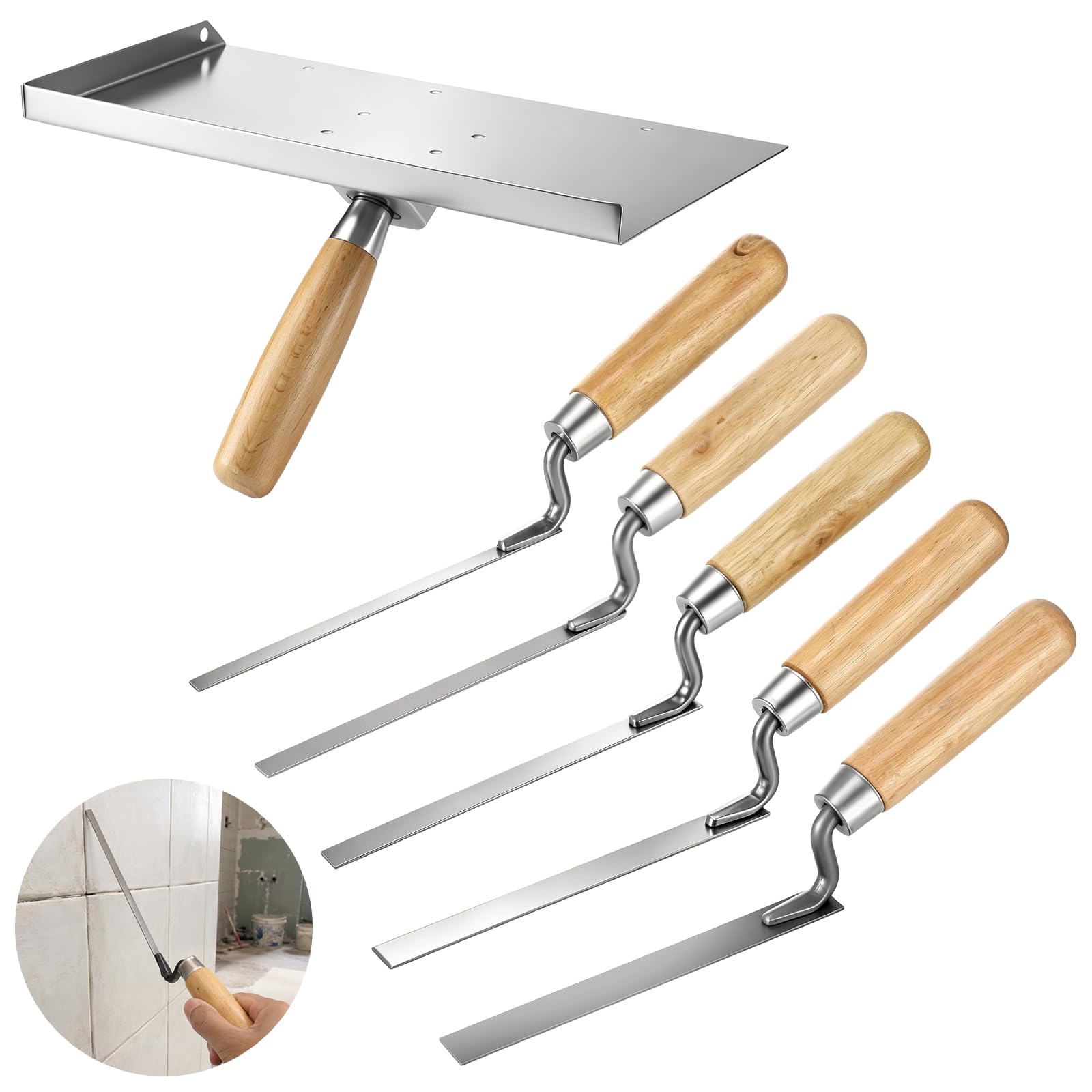 6 Pcs Pointing Brickwork Hawk & Finger Trowels Set, 0.2-0.6 in Wide Tuck Pointing Trowel with Wood Handle, Professional Masonry Tool for Gap Filling, Brick Joint Repair, DIY Masonry Work