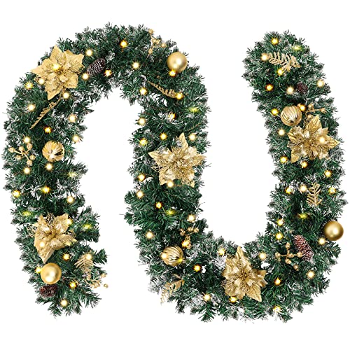 CEWOR 9ft Christmas Artificial Garland Green Rattan with Gold Flower Decorations with 50 Warm White LED Lights Unpre-lit for Home Stairs Fireplace Front CEWOR 9ft Christmas Artificial Garland Green Rattan with Gold Flower Decorations with 50 Warm White LED Lights Unpre-lit for Home Stairs Fireplace Front