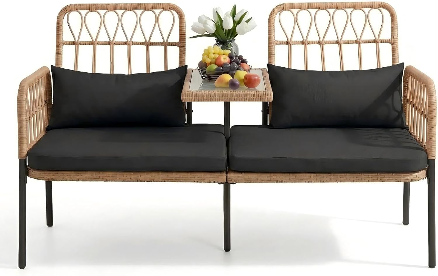 PROHIKER Outdoor Rattan Loveseat with Built-in Glass Table, 2-Seat Wicker Patio Furniture Set with Lumbar Pillows & Thick Cushions, All-Weather Conversation Sofa for Balcony, Porch & Backyard