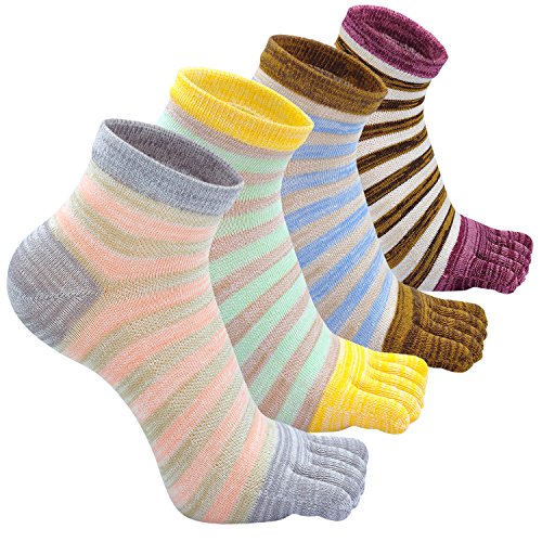 CaiDieNu Chaussettes 5 doigts de Pieds Séparés Femmes Chaussettes avec Orteils de Coton Courtes Fantaisie Multicolores Rayures Motif