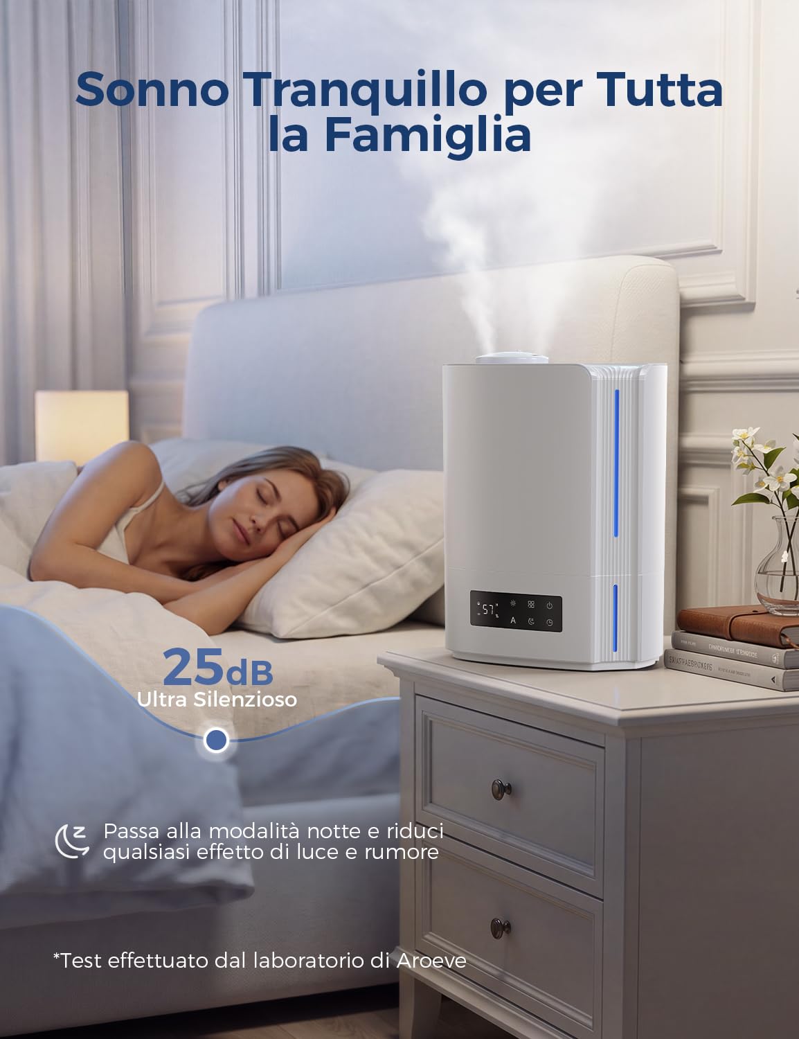 AROEVE 6L Ultrasuoni Umidificatore Ambiente 60h Autonomia Silenzioso 25dB | Controllo Umidità Intelligente, Diffusore di Oli Essenziali, Umidificatore a Ultrasuoni Top Fill per Bambini, Piante