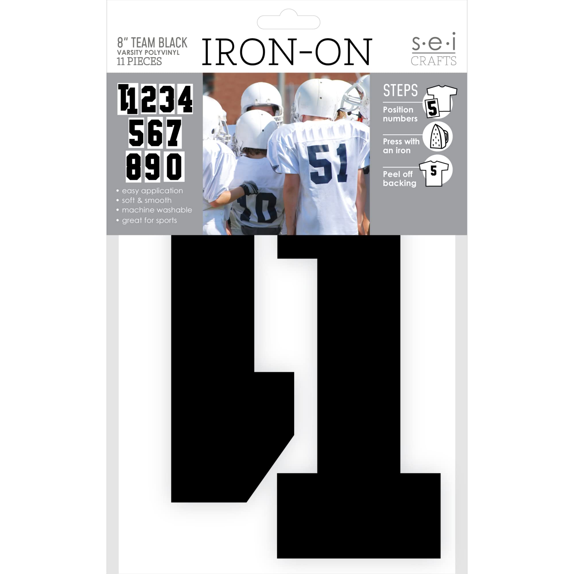 S.E.I. 8-inch Iron-on T-Shirt Numbers, Varsity Number Polyvinyl Heat Transfers, Black